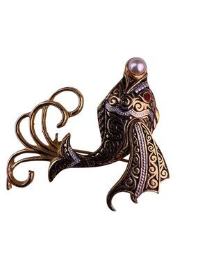 Vintage Damascene Gold Tone Womens Brooch Flying Fish Design Pearl & Red Accents